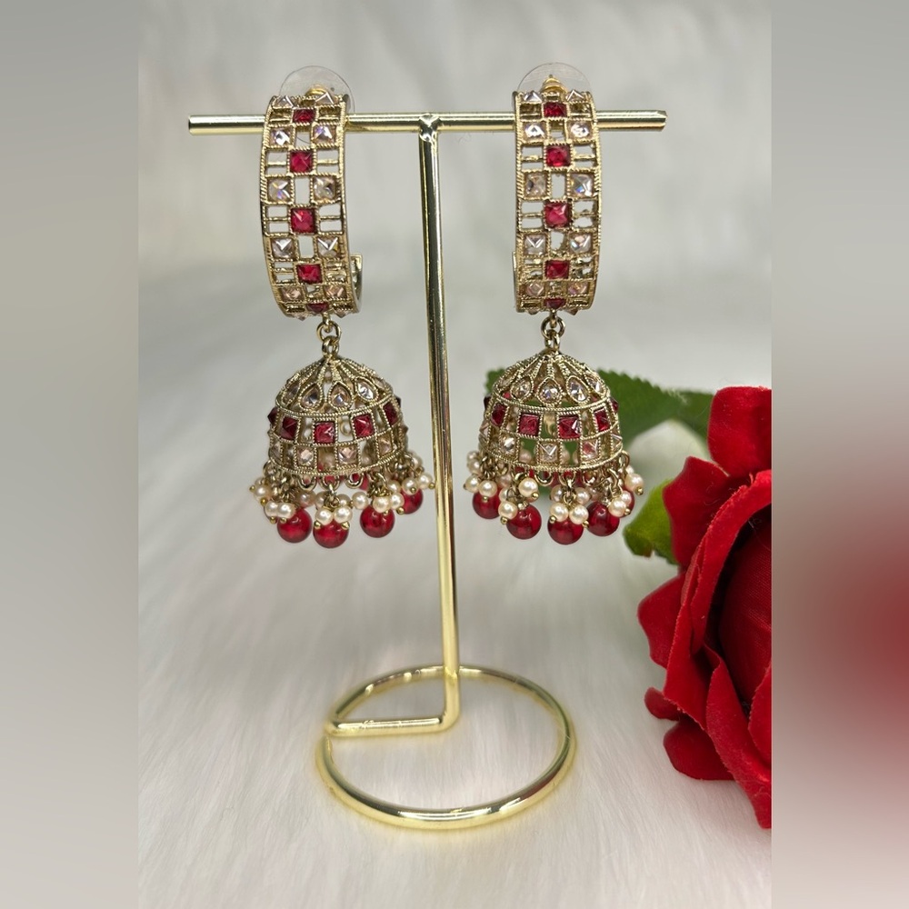 Elegant Hot Pink And Gold Jhumka Earrings